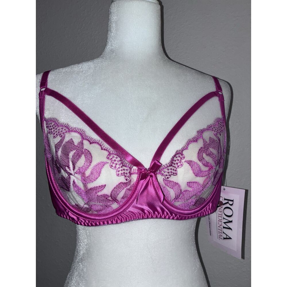 Roma Confidential Hot Pink Lace Bra Cut Out XL New Sheer 36D